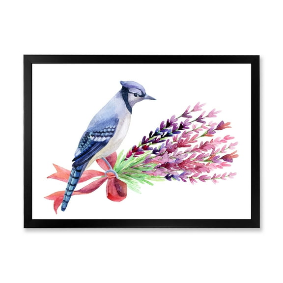 Designart 'Blue Jay Bird On Bouquet Of Pink Flowers' Traditional Framed Art Print