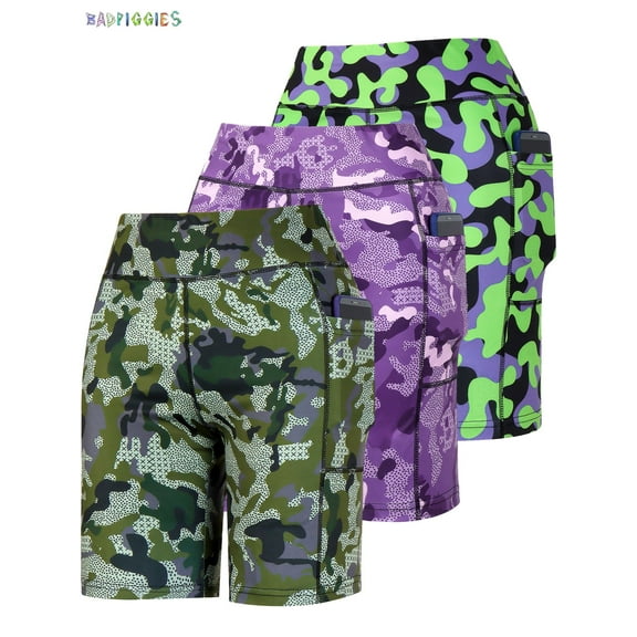 BadPiggies Camouflage Yoga Bike Shorts High Waist with Pockets Tummy Control Cycling Hot Shorts Pants for Women (2XL, Purple)