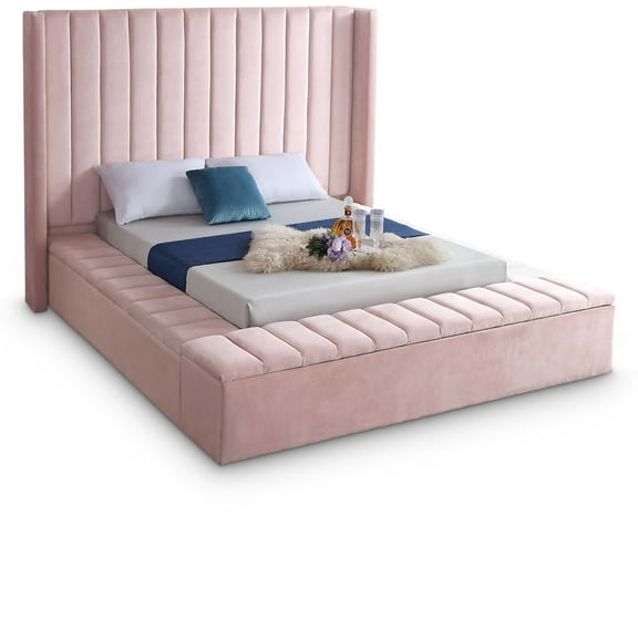 Meridian Furniture Kiki Solid Wood and Velvet Full Bed in Pink