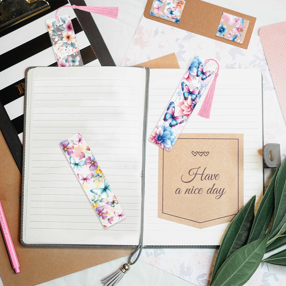 DIY Bookmark Making Kits including Kraft Paper Bookmark Display Cards Polyester Tassel Decorations Acrylic Bookmark Pendants and Stickers Butterfly