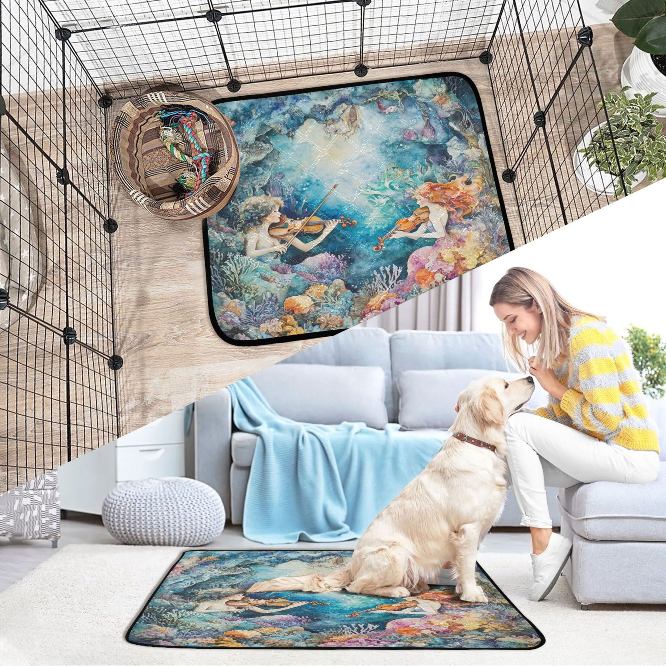 Qxltty The Mermaid Plays Music Cat litter Pads Pet Set of 3 Diaper Mats Center Anti-leakage Layer Absorbent Soft and Comfortable