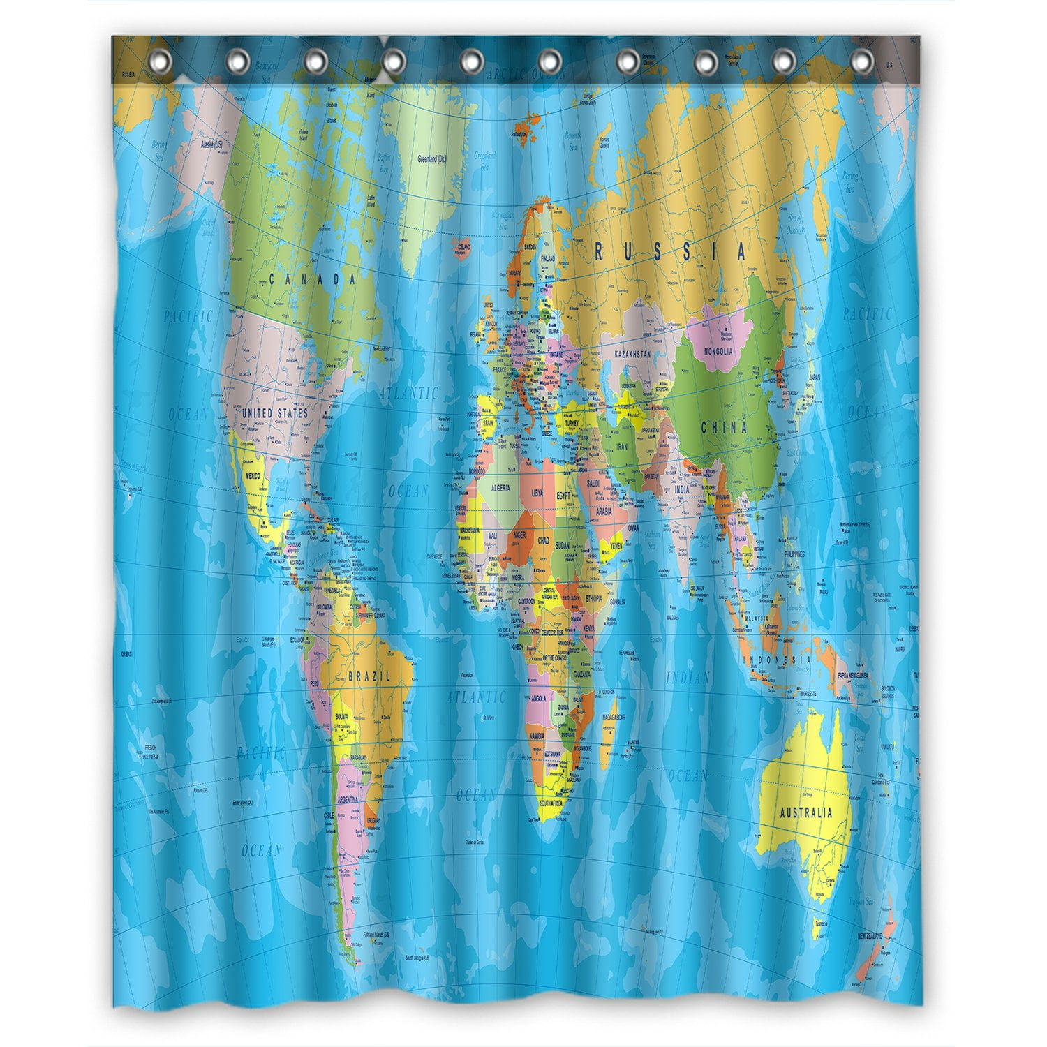 PHFZK Educational Shower Curtain, Colored World Map with Countries and