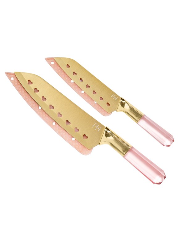 Paris Hilton 2 Piece Stainless Steel Santoku Knife Set, Jewel Handles, Gold Blades, Pink