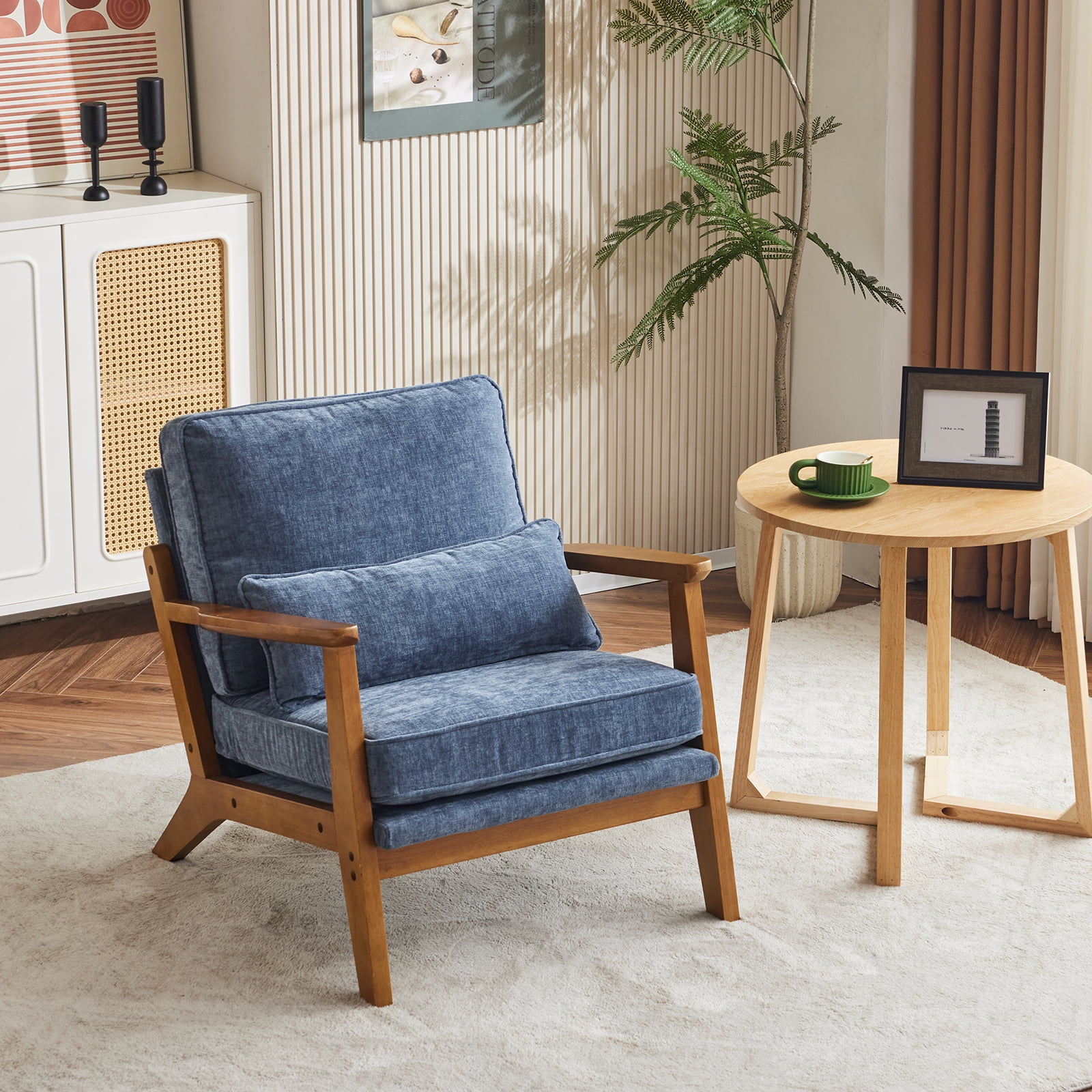 Ktaxon Accent Chair Chenille Upholstered Armchair, Reading Club Chair with Pillow for Living Room Bedroom Furniture Blue