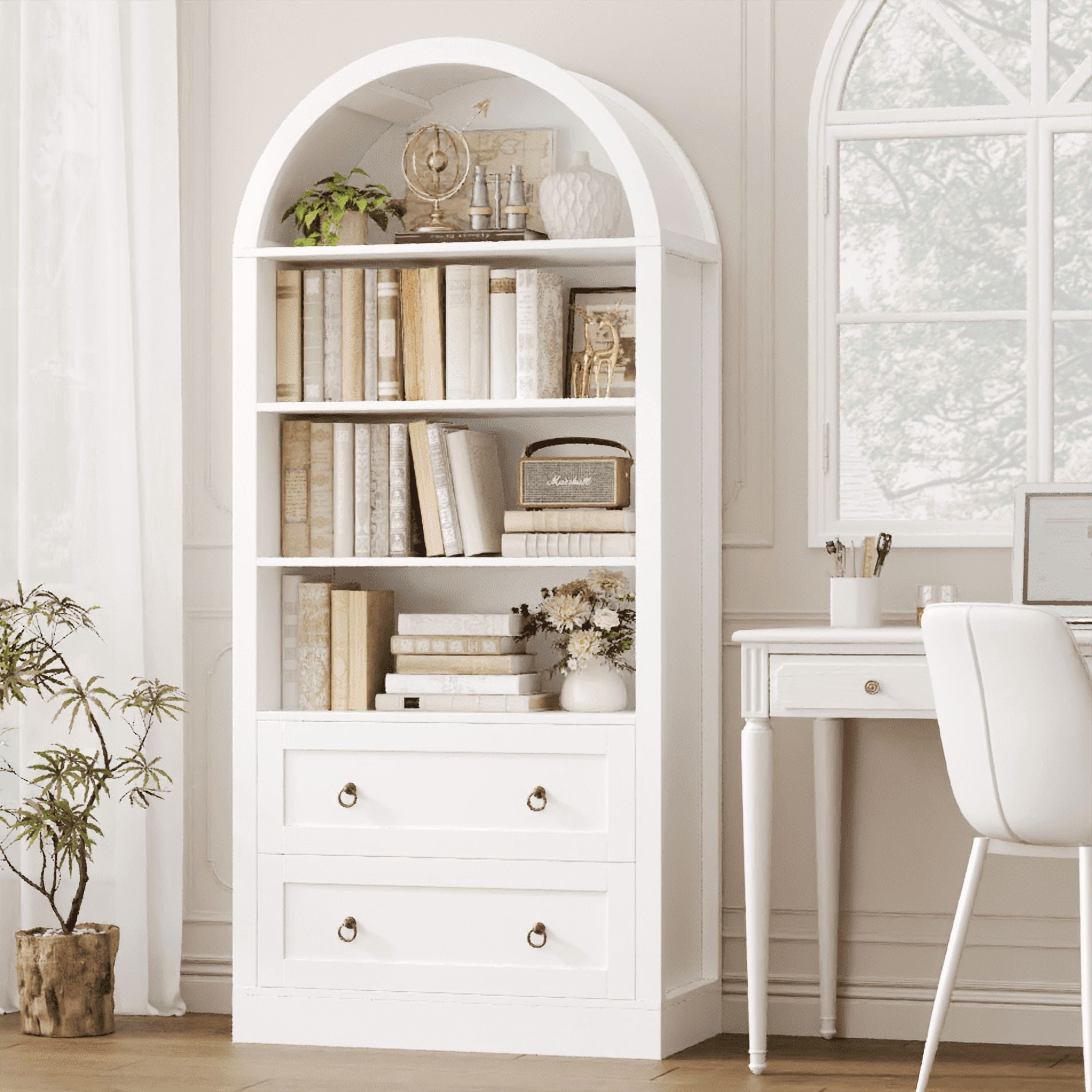 Hiphuta 70"Tall Arched Bookcase, 4-Tier Bookshelves with 2 Large Drawers, Wooden Display Shelf with Storage for Living Room Home Office, White