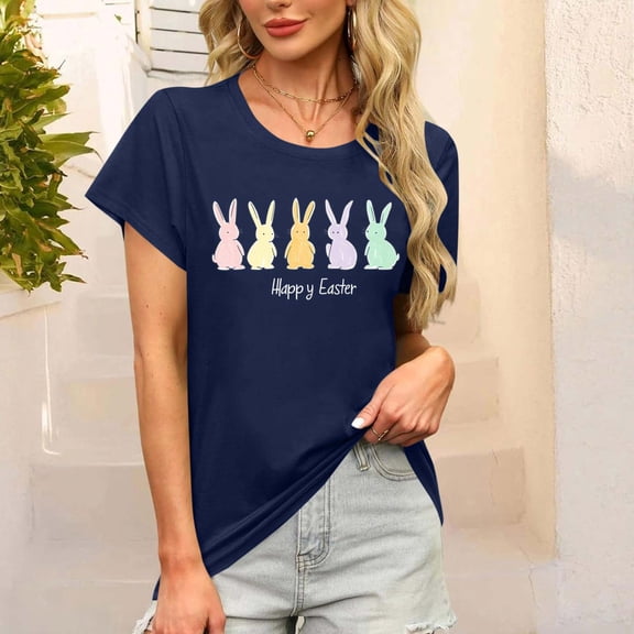 Easter T-Shirt for Women Cute Pastel Bunny Rabbit Graphic Short Sleeve Crewneck Soft Breathable Cotton Blend Casual Holiday Graphic Tee Top