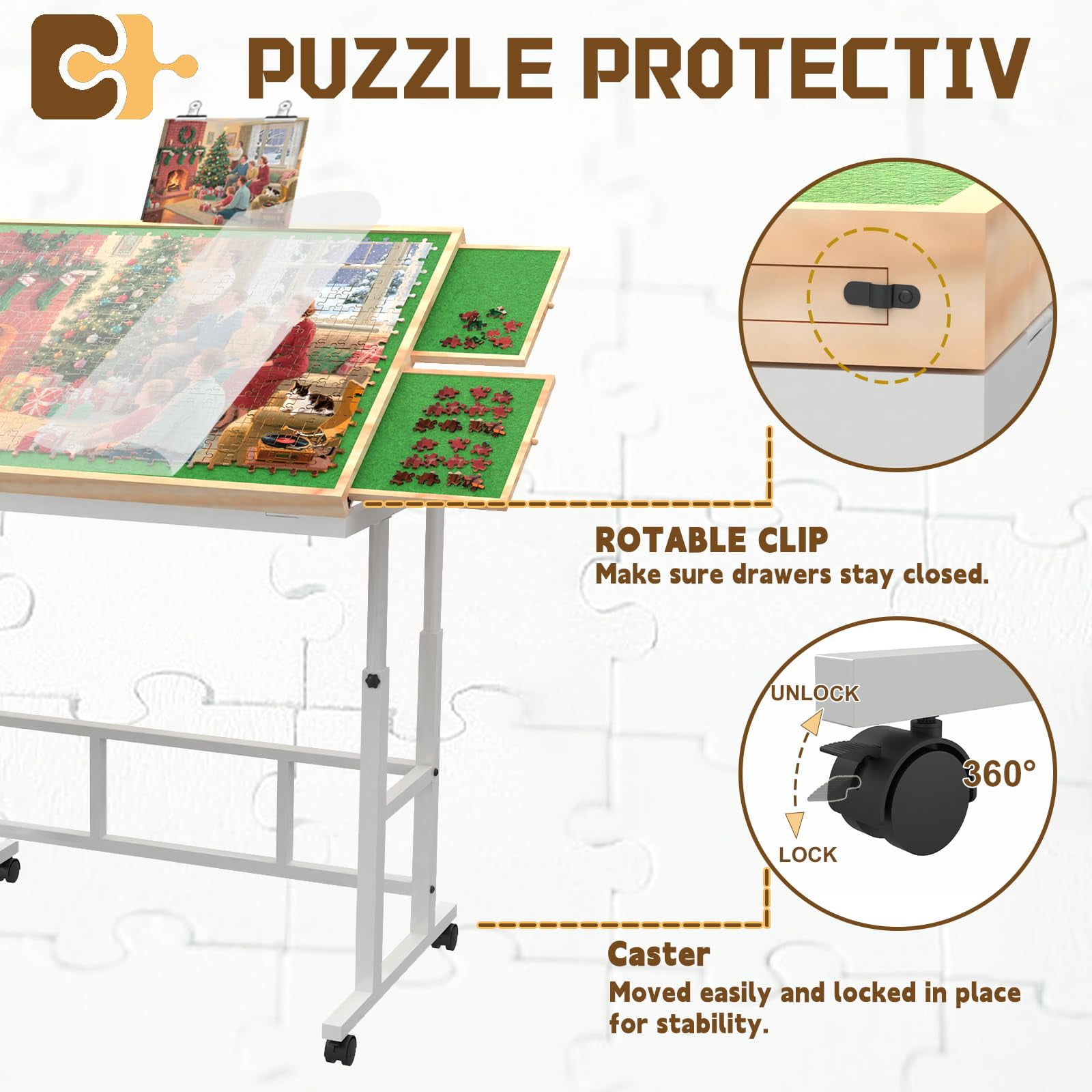 Jigsaw Puzzle Table for Adults with Drawers&Storage Pocket, Jigsaw Puzzle Board with Legs and Wheels, 5 Adjustable Height&Tilting, White