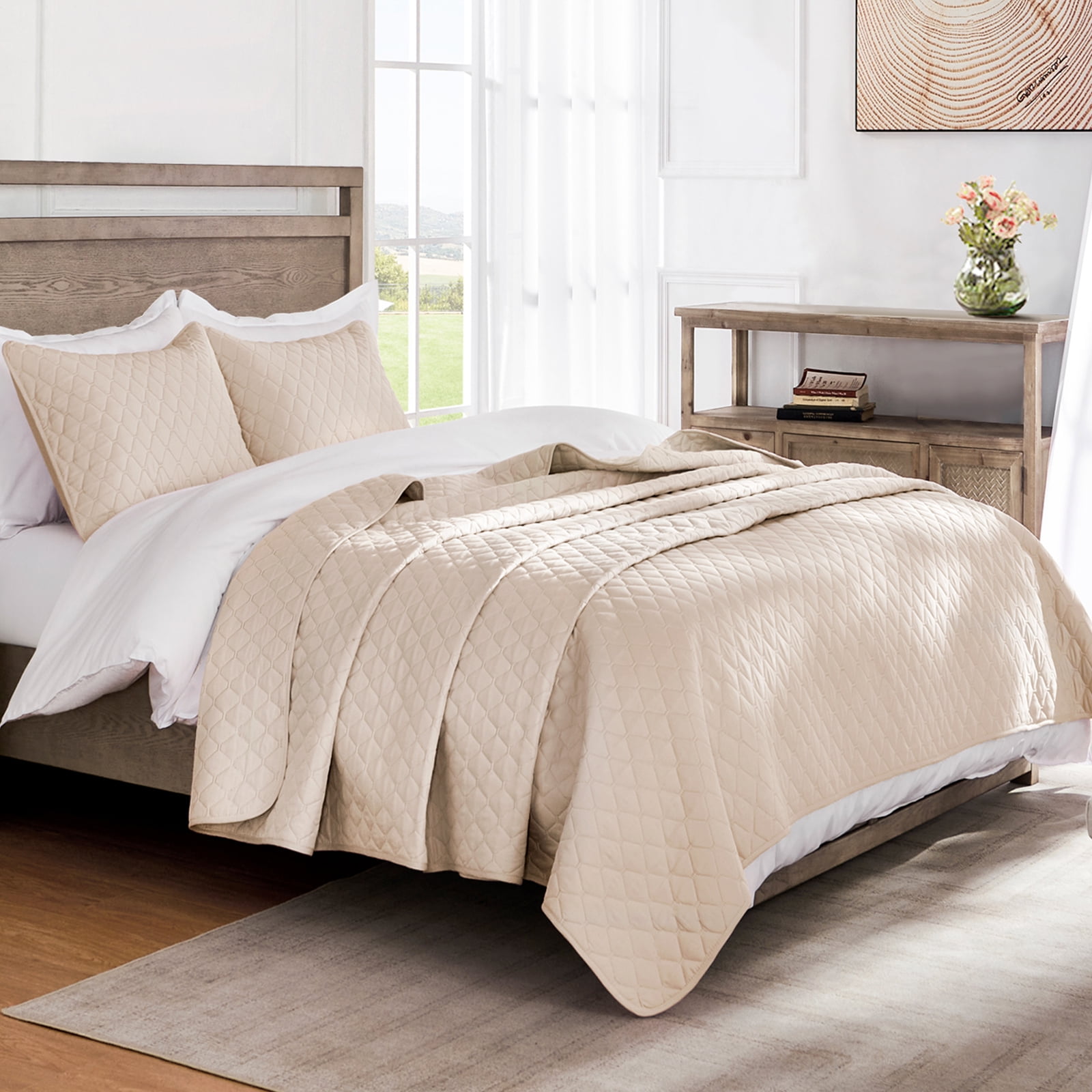 Exclusivo Mezcla King Size Quilt Set, 3-Piece Lightweight King Quilts Soft Bedspreads Bed Coverlets, Brich Beige, 104"x96"