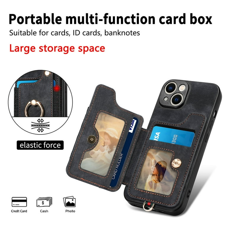 ELEHOLD for iPhone 12 Case with Ring Holder iPhone 12 Wallet Case with RFID Blocking Card Holder Wristlet Strap Magnetic Button Flip Folio Kickstand