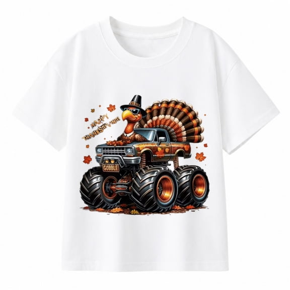 Monster Truck Turkey Thanksgiving T-Shirt for Boys, 100% Cotton
