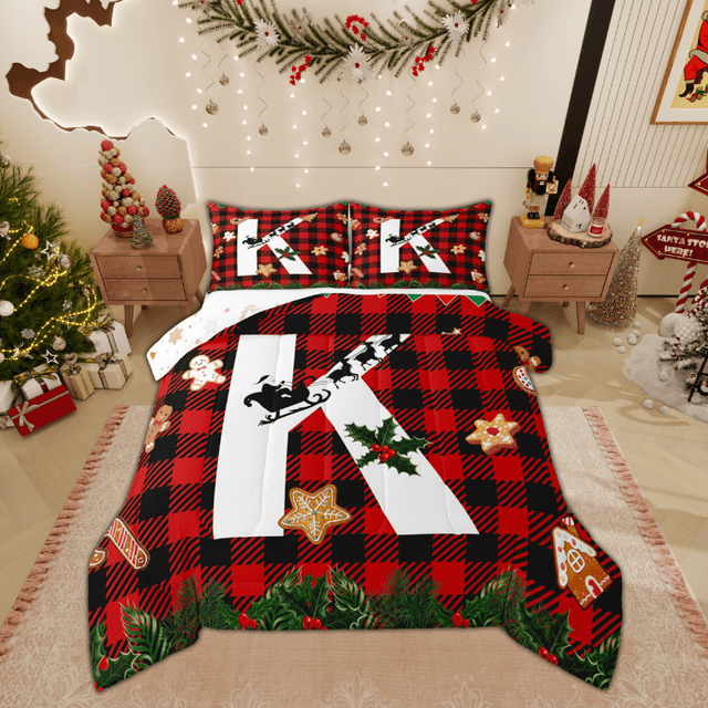 Manfei Initial Letter K Child Queen Comforter Set, Merry Christmas Bedding Sets, Checkered Plaid Reversible Bedding Comforter Set, Lightweight Room Decor, 3-Piece