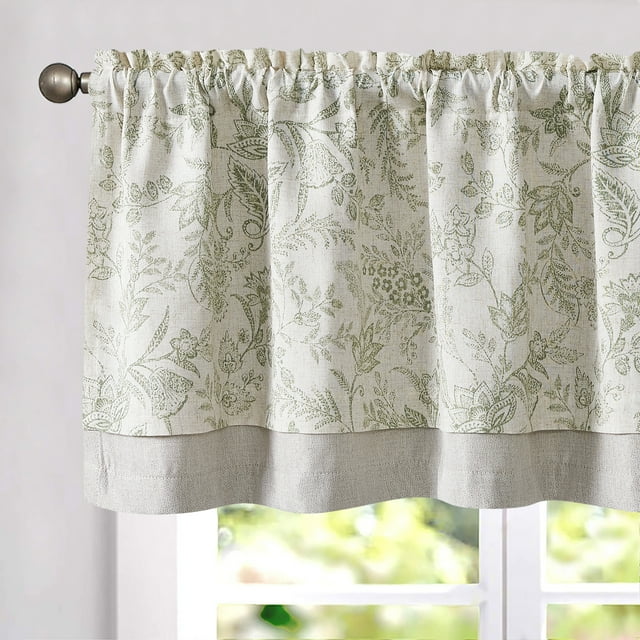 Curtainking Floral Botanic Blackout Kitchen Valance 18 Inch Double Layer Farmhouse Window Valance for Kitchen Living Room Rod Pocket 1 Panel Sage on Beige