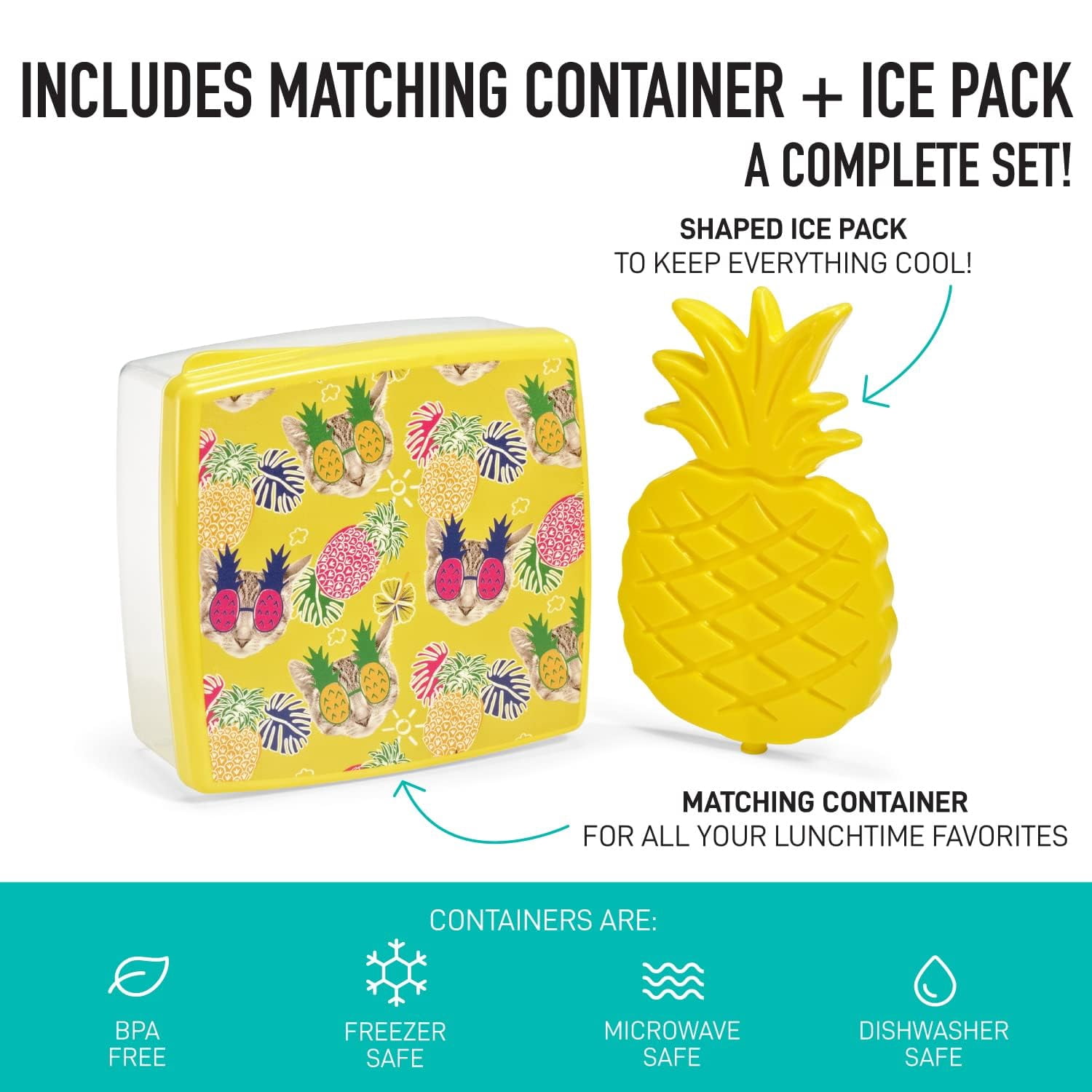 Fit & Fresh Insulated Lunch Box for Kids with Lunch Container and Ice Pack, Pineapple Design, Large Capacity, Leakproof, Yellow
