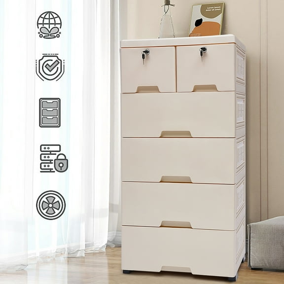 Peakora Beige Color Storage Cabinet with 6 Drawers Closet Drawers with Two Drawers with Locks Tall Dresser Organizer for Clothes Playroom Bedroom Furniture