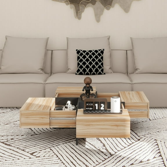 Unique Design Coffee Table with 4 Hidden Storage Compartments, Square Cocktail Table with Extendable Sliding Tabletop, UV High-gloss Design Center Table for Living Room, 31.5"x 31.5"