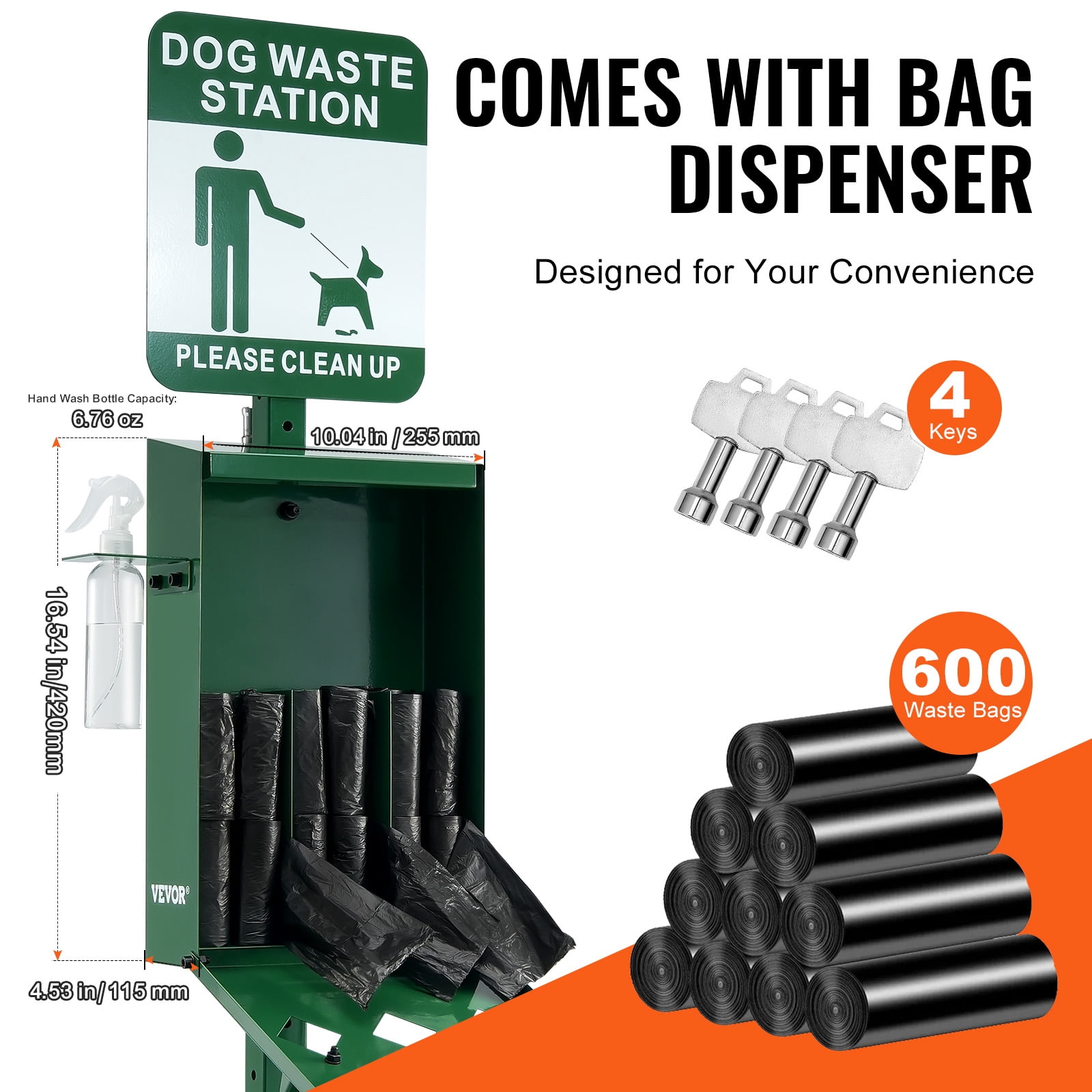 VEVOR Dog Waste Station with Hand Wash Bottle, Commercial Dog Poop Station, 11.5 Gallons Pet Waste Bin with 50 Can Liners, Bag Dispenser & 600 Waste Bags, Outdoor Dog Waste Disposal System