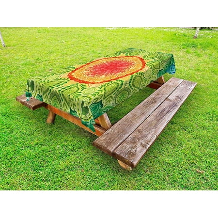 Ethnic Outdoor Tablecloth, Mandala Tie Dye Effect Design Flower Inspired, Decorative Washable Picnic Table Cloth, 58" X 84", Blue Red