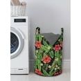 thumbnail image 3 of Tropical Laundry Bag, Pastel Hibiscus Bouquets with Banana Palm Leaves Plumeria Frangipani Jungle, Basket with Handles Drawstring Closure for Laundromats, 13" x 19", Red Lime Green, by Ambesonne, 3 of 4