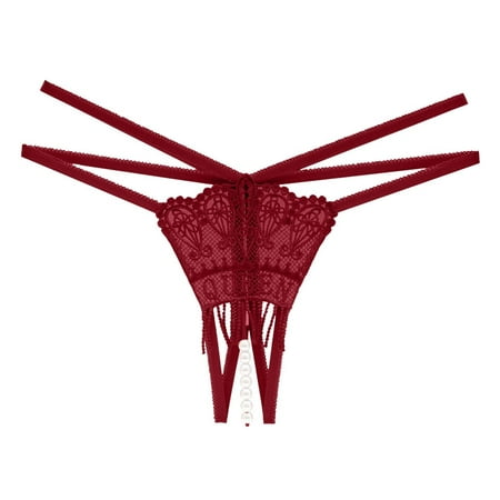 

ForestYashe Womens Underwear Briefs Transparent Hot Open File Low Rise Lace Pearl Hollow Thong Panties