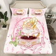 thumbnail image 2 of jejeloiu Cartoon Cute Bear Queen Sheet Sets,Music Instrument Phonograph Flat Sheet,Kawaii Bowknot Pink Tulip Queen Fitted Sheet For Girls,Breathable Home Decor,4-Piece, 2 of 7