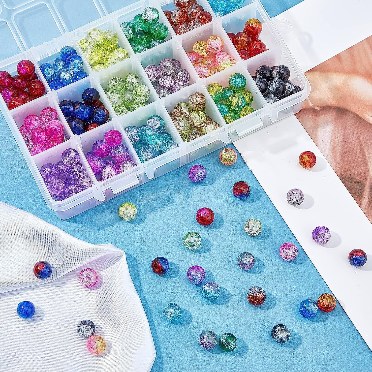 1 Set Crackle Glass Beads 18 Colors 10mm Crystal Beads 270pcs with Scissors Elastic Crystal Thread Beading Needles for Necklace Bracelet Earring Jewelry Making