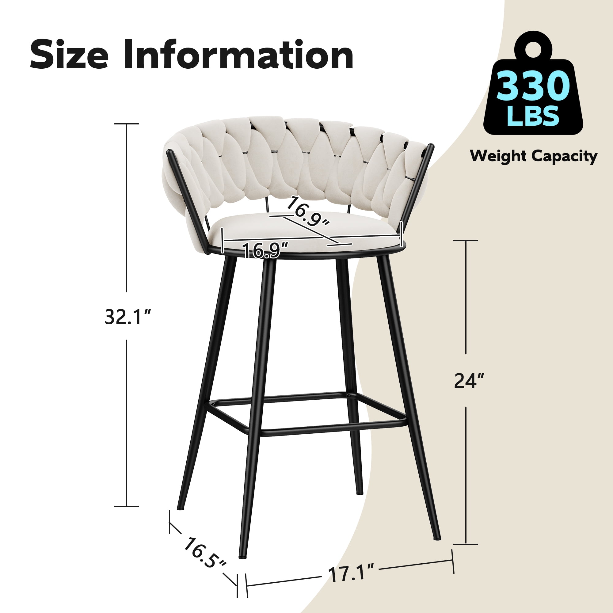 Andeworld 24'' Barstools set of 4, Modern Velvet Bar Stools with Woven Back, Counter Height Barstools with Upholstered Seating, Square Footrest, Ivory