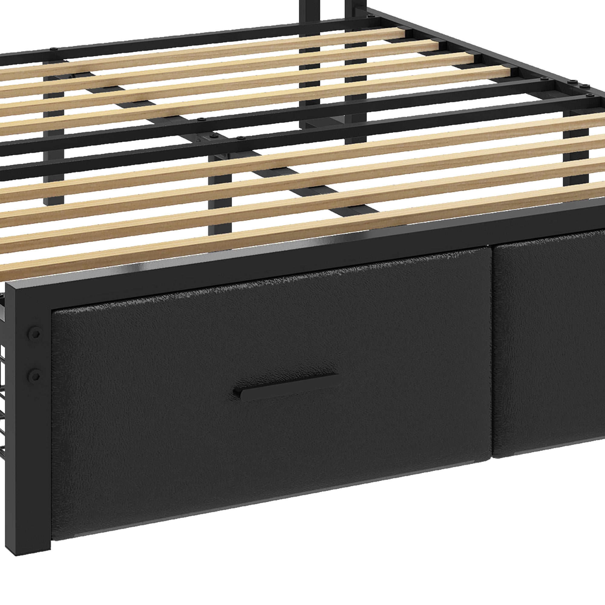 Uforic Queen Size Bed Frame with 2 Storage Drawers & Charging Station, PU Leather Upholstered Bed with Storage Headboard, LED Light, Heavy Duty Metal Support, Noise Free, No Box Spring Needed, Black