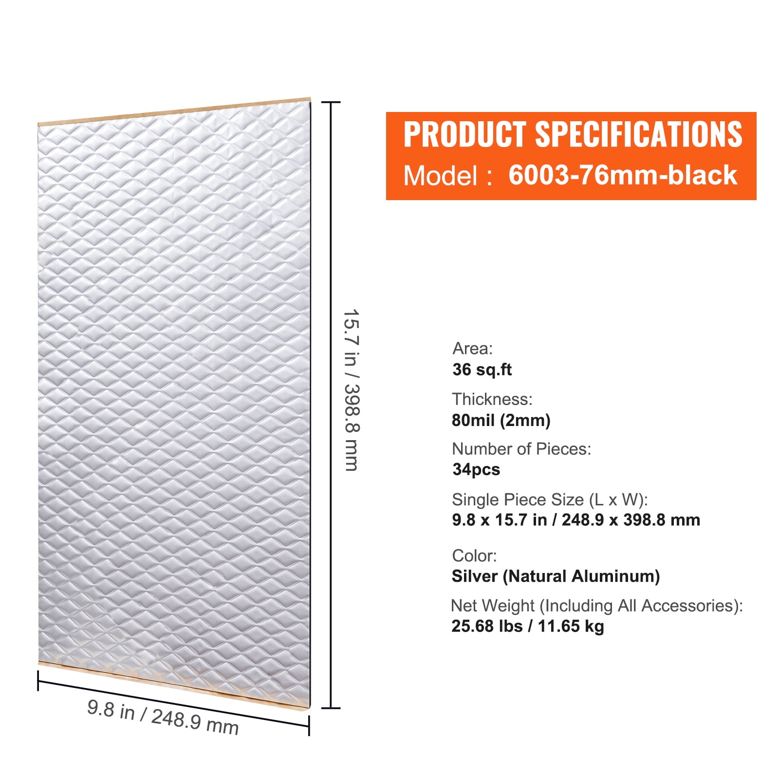 SKYSHALO Vehicle Noise Insulation Mat, 80 mil 36 sqft, Butyl Auto Sound Barrier, Reduces Car Noise and Vibration for Enhanced Comfort