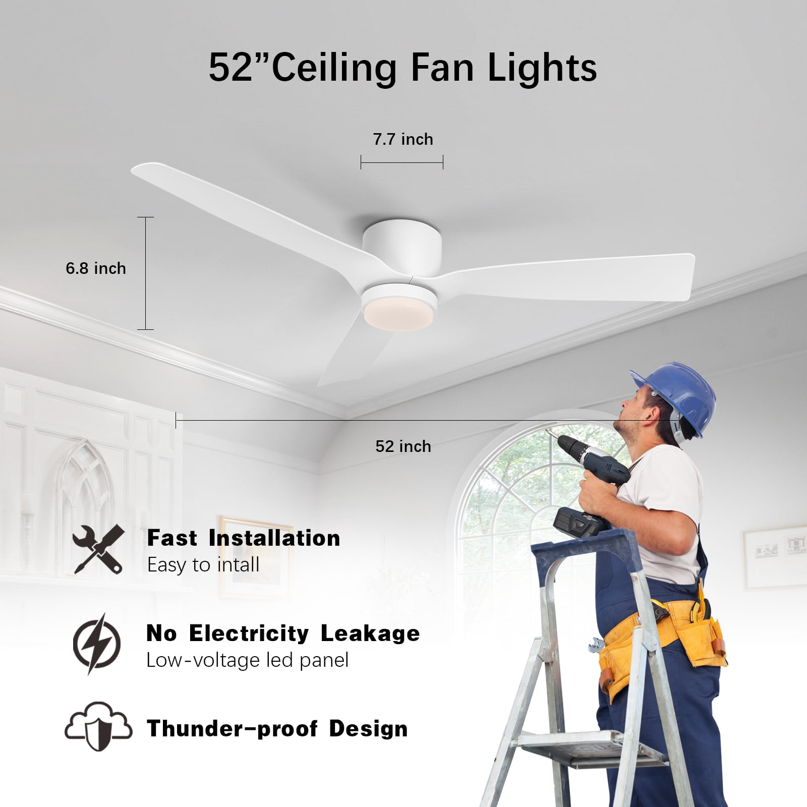 Wozzio Flush Mount 52 inch Morden White Ceiling Fan with Light and Remote Indoor/Bedroom/Apartment