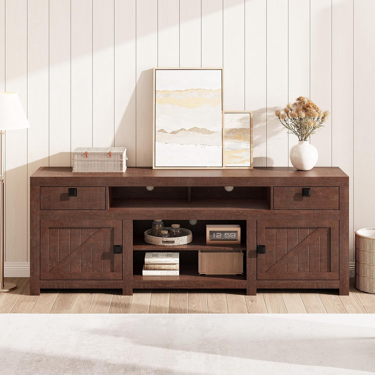 Garvee Farmhouse Wooden TV Stand for 75 Inch TV, 70" Long Entertainment Center with 4 Door and 2 Open Storage Spaces, Rustic TV Stand for Living Room, Bedroom