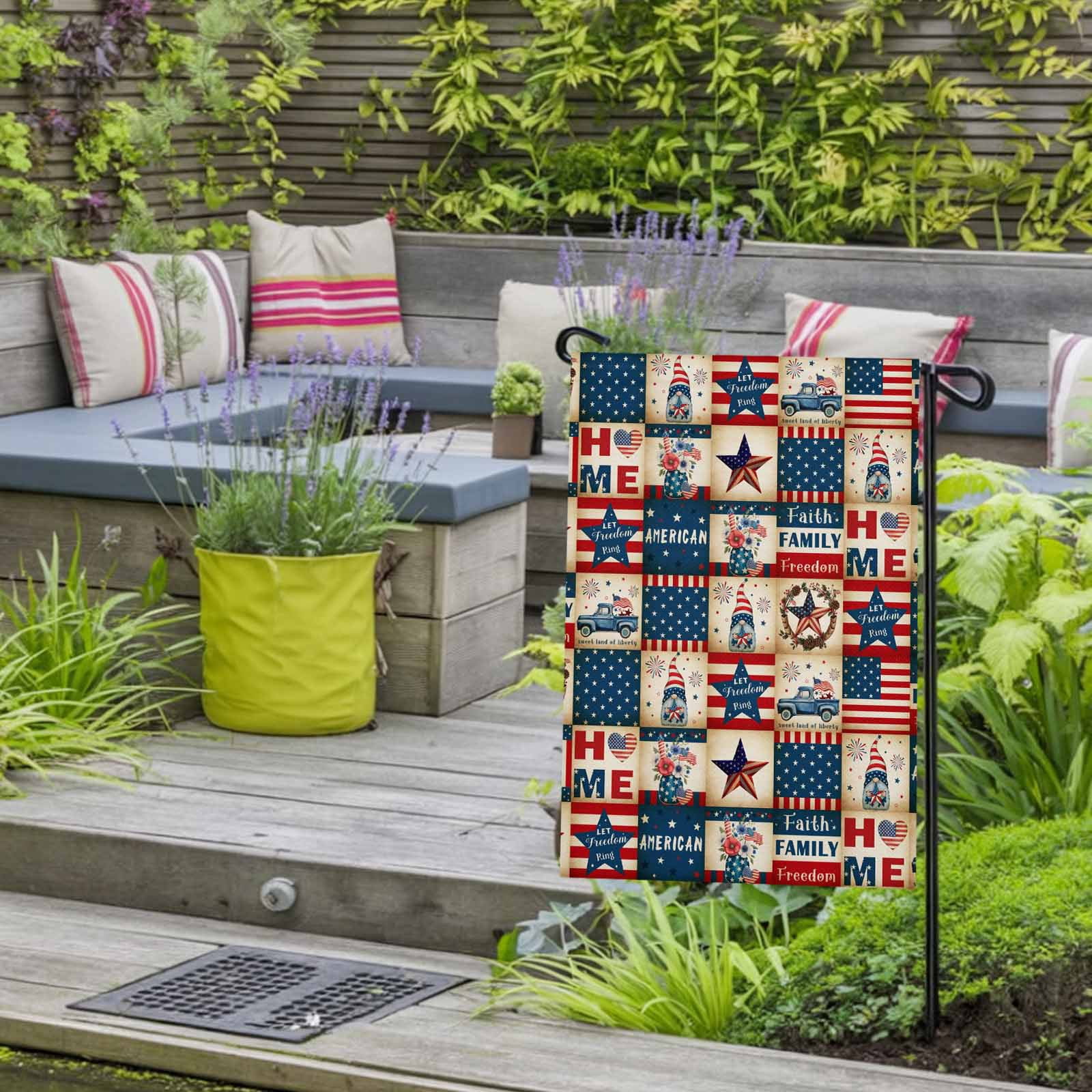 4th of July Garden Flags Patriotic Stars USA Flag Garden Flag Double Sided Welcome Flag Blue Red White Stripes Gnome Independence Day Yard Flags for Outdoor Lawn Porch Memorial Day Decor 28x40 Inch
