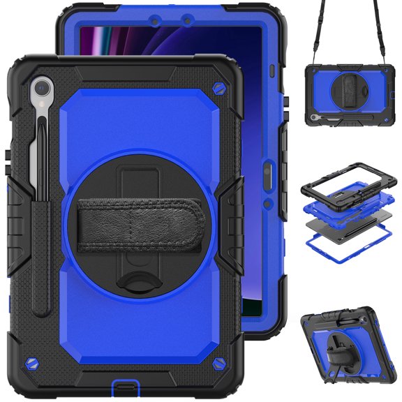 3 Layer Case for Samsung Galaxy Tab S9 11" 2023/S9 FE 10.9" 2023, for Kids Heavy Duty Protective Case with Screen Protector & Stylus Holder & 360 Rotating Stand Hand/Shoulder Strap, Blue Black