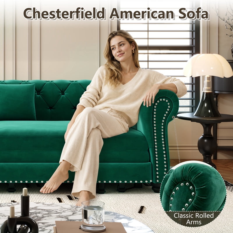3-in-1 Pull-Out Sofa Bed, 89'' Chesterfield Sofa, Convertible Sleeper Sofa Bed, King Size Sofa Bed, Chaise Lounge, Tufted Design Velvet 3-Seater Sofa with Movable Ottoman