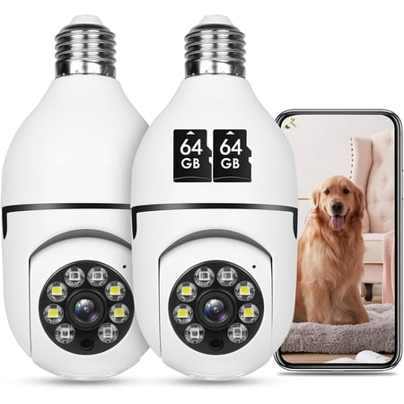 Bulb security camera high-definition panoramic wireless 360 degree floodlight night vision 5, with floodlight motion detection and alarm, 2-pack with 64 card