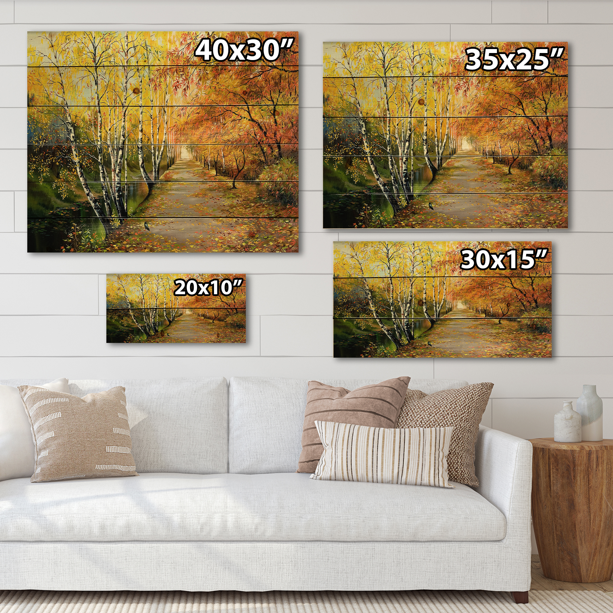 Designart 'Path Through The Autumn Woods Along River' Traditional Print on Natural Pine Wood