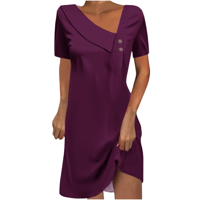 Robe Mi-Mollet à Manches Courtes et Col Rond, Mode Féminine Robe Mi-Mollet à Manches Courtes et Col Rond Couleur Unie