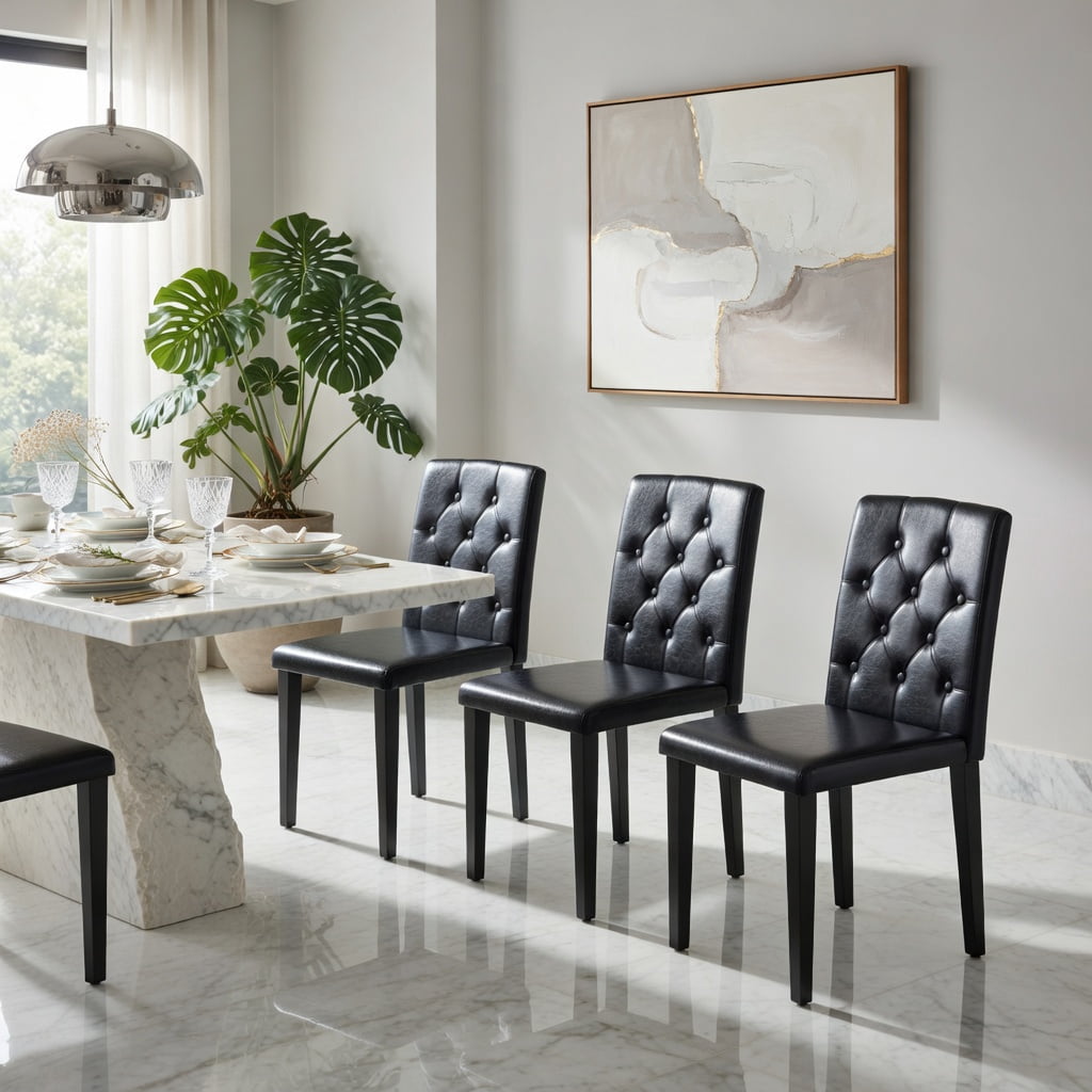 Hommoo 4-Pack PU Leather Dining Chairs with Ergonomic Buckle Backrest, 35-inch Height, Modern Minimalist Design for Dining Room, Hotel & Cafe, Black