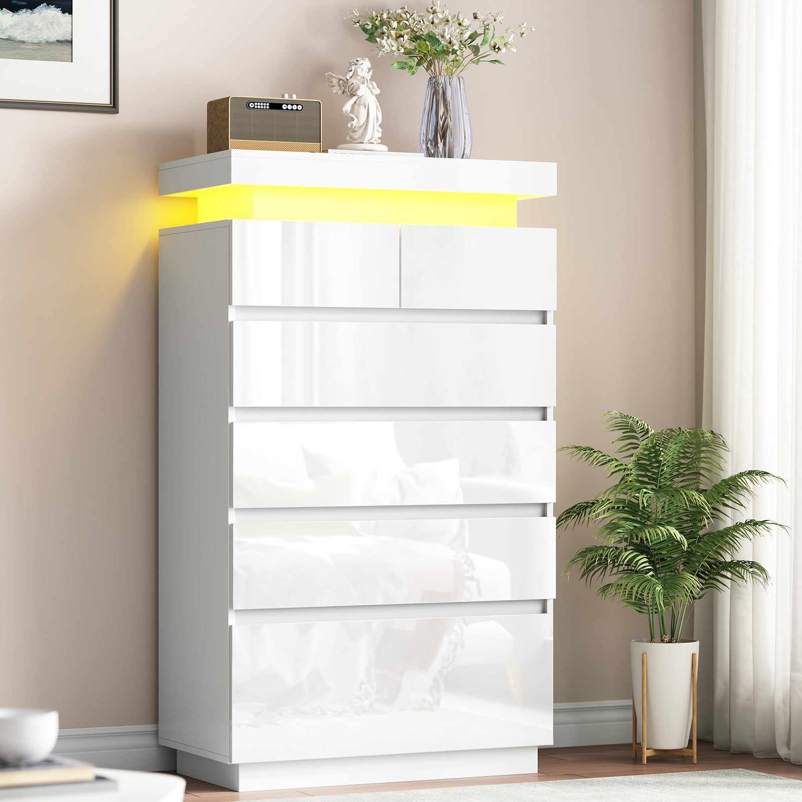 6 Drawers Dresser, Modern Tall Dresser for Closet with Adjustable LED Lights, High Gloss Chests of Drawers, Wood Storage Cabinet for Bedroom, Entryway, Living Room, Dressing Room, White