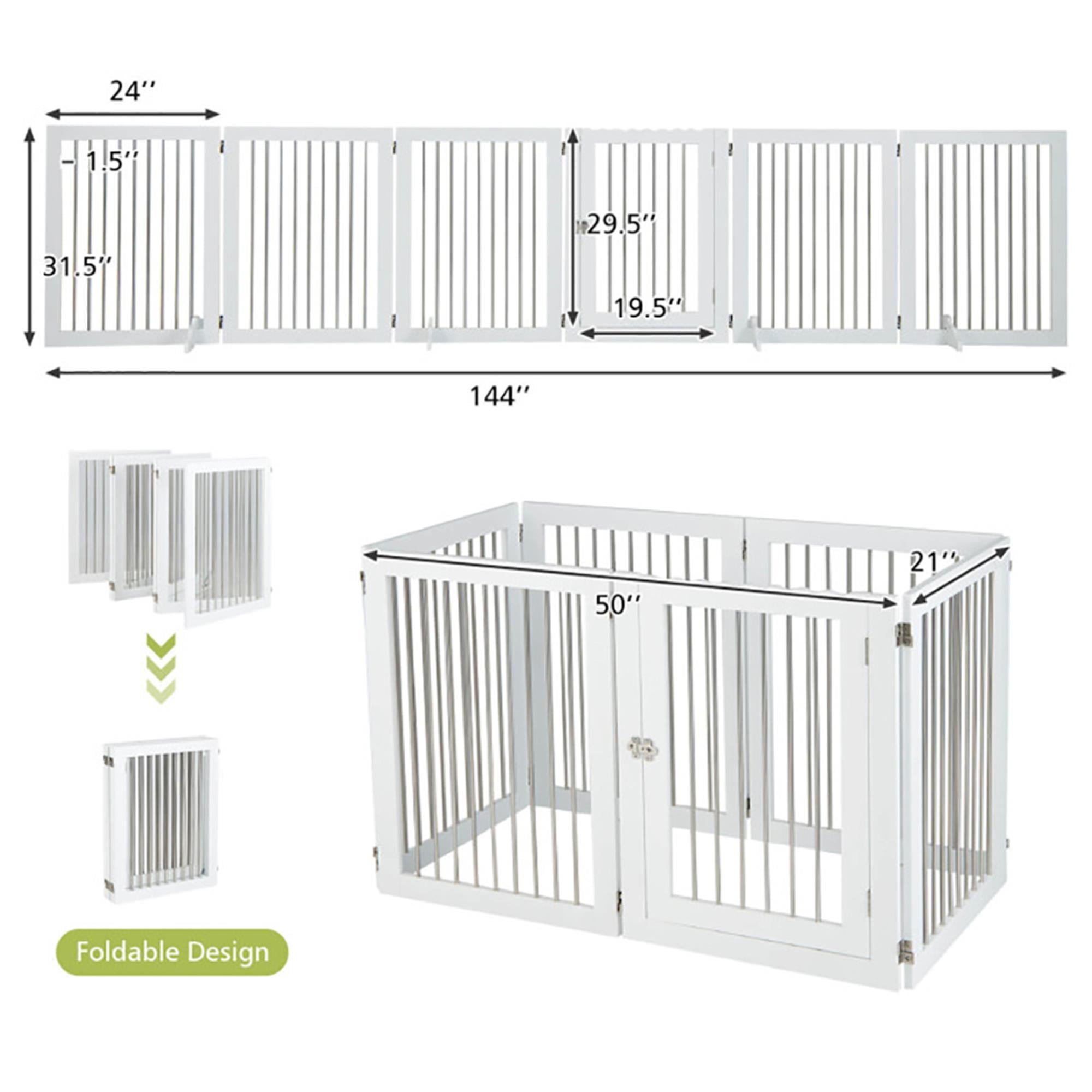 Pefilos 144" Folding Pet Gate with 4pcs Support, Wood 6-Panel Dog Gate for Stairs, Freestanding Pet Playpen Puppy Safety Fence, White