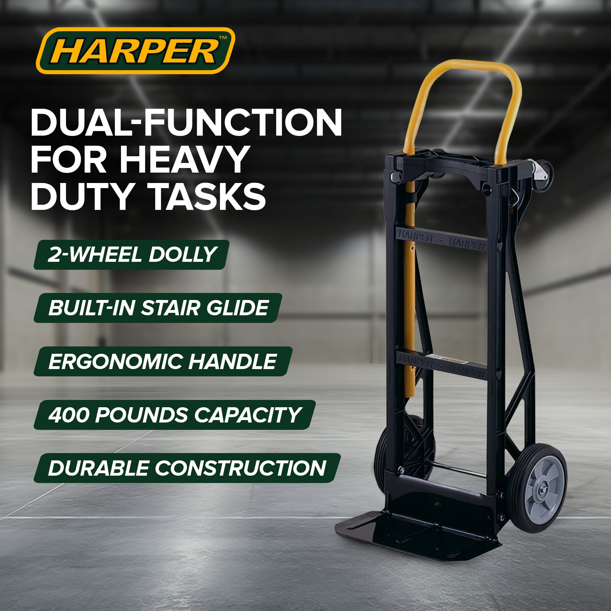 Harper Trucks PJDY2223AKD Hand Truck and Dolly, 400 Lb Capacity, Black