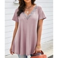 thumbnail image 3 of Camiseta de manga corta para mujer con cuello en V de encaje, color puro, informal, suelta, para primavera, verano y otoño, 3 of 6