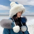 thumbnail image 6 of Faux Fur Knitted Beanie Hat for Cold Weather Cute Four Pompom Ball Cossack Skiing Furry Hat Winter Thicken Warm Hat -White, 6 of 8