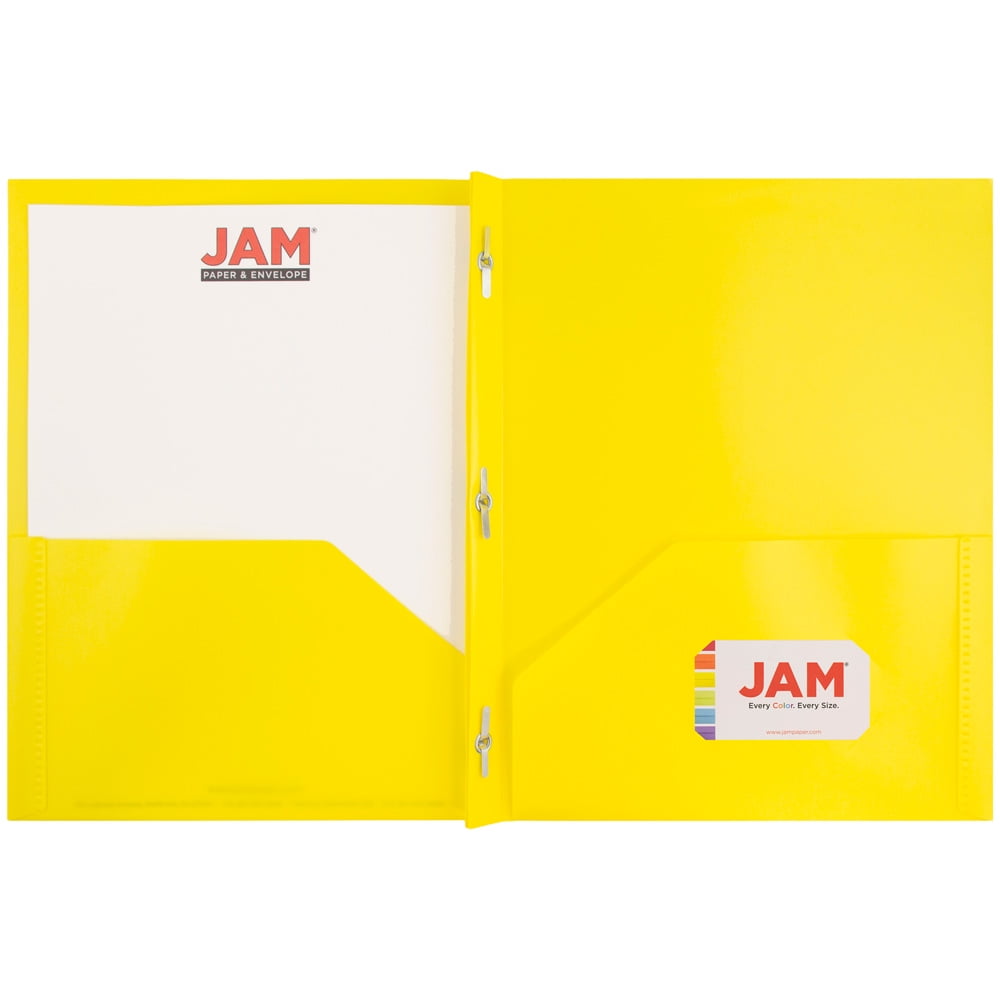 JAM Paper Plastic 2 Pocket School POP Folders with Metal Prongs Fastener Clasps, Yellow, Bulk 96/pack