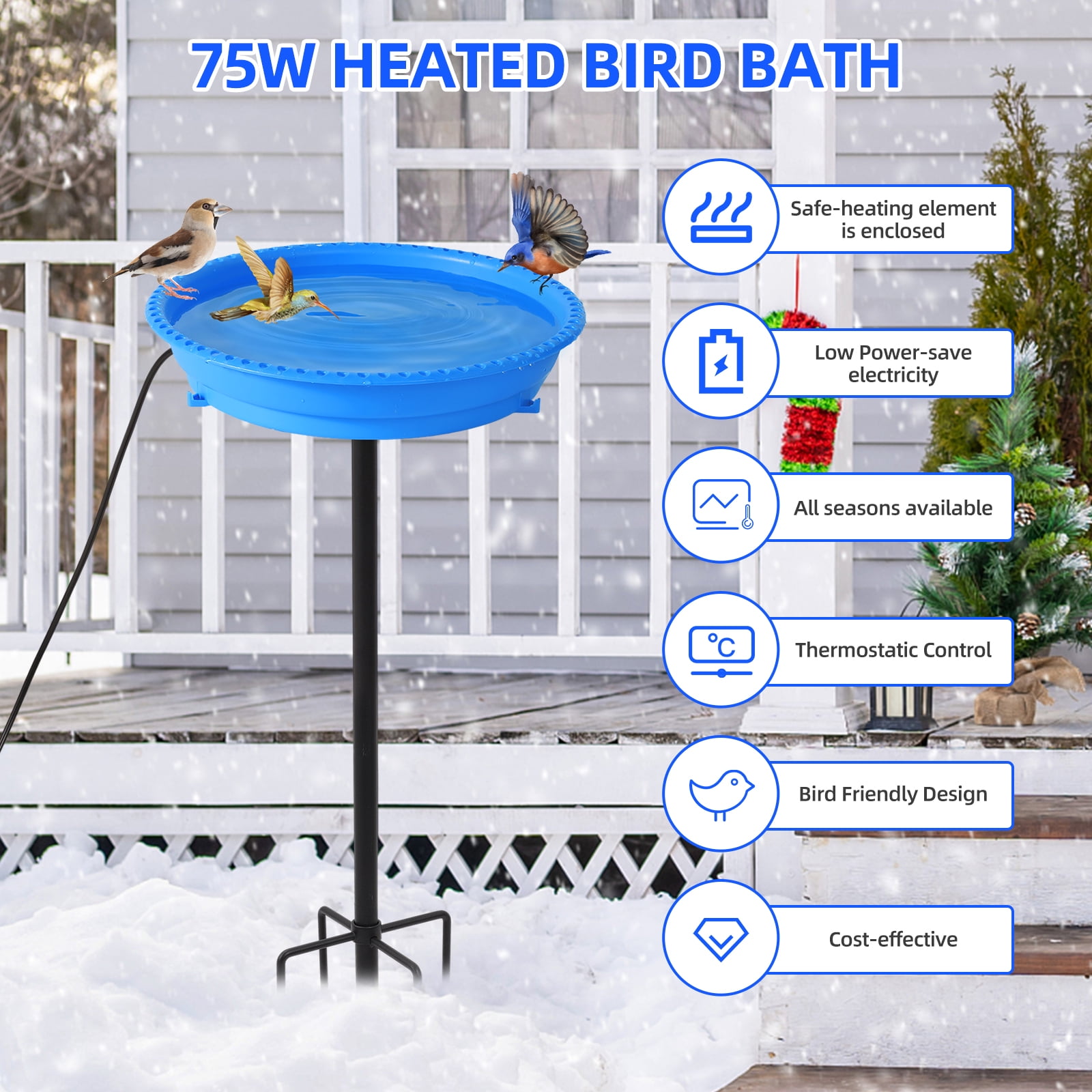 Heated Bird Bath for Outdoors for Winter, 75W Bird Bath Water Heater Bird Bath Deicer,Deep Bowl Thermostatic Control Weather Resistance Available with Stable Metal Pole for All Seasons(Blue)
