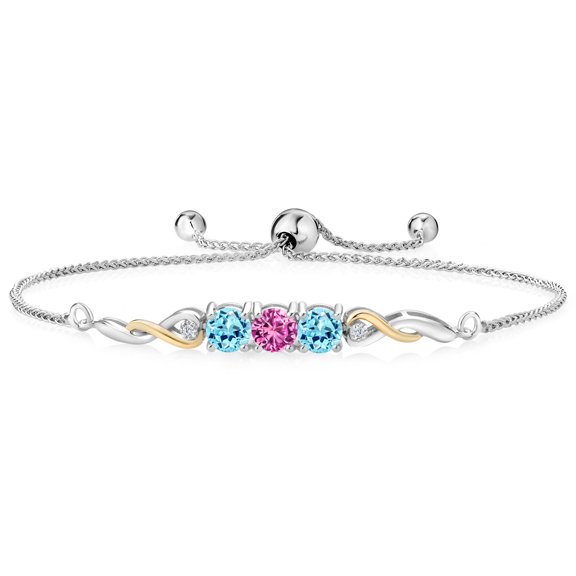 925 Sterling Silver and 10K Yellow Gold Pink Created Sapphire Blue Apatite and Lab Grown Diamond Tennis Bracelet for Women (1.56 Cttw, Gemstone September Birthstone, Fully Adjustable up to 9 inch)