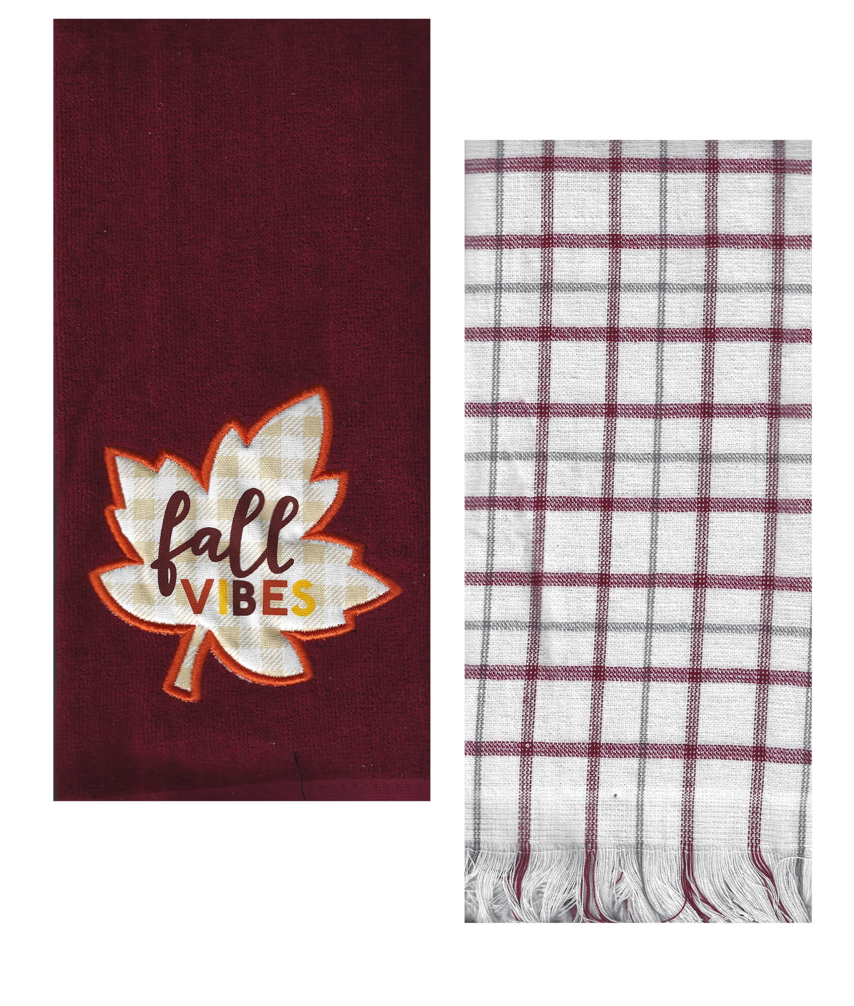 Fall Towels, 2Pack, Fall Vibes Burgundy Velour Dishtowel with Window