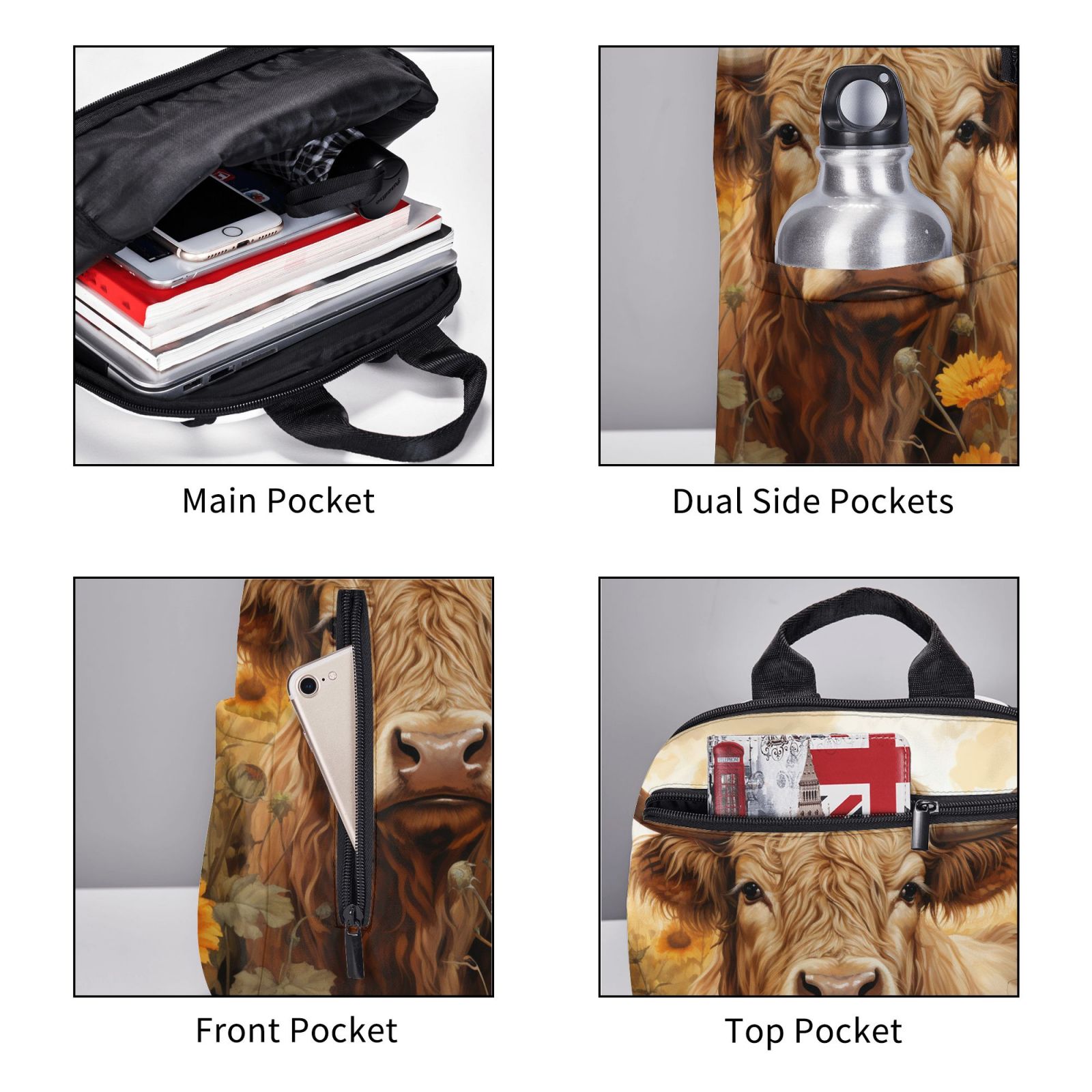 Xecao Vintage Sunflower Cow print Backpack For women men Aesthetic Lightweight Travel Daypack Simple Cute Backpack For Bookbag