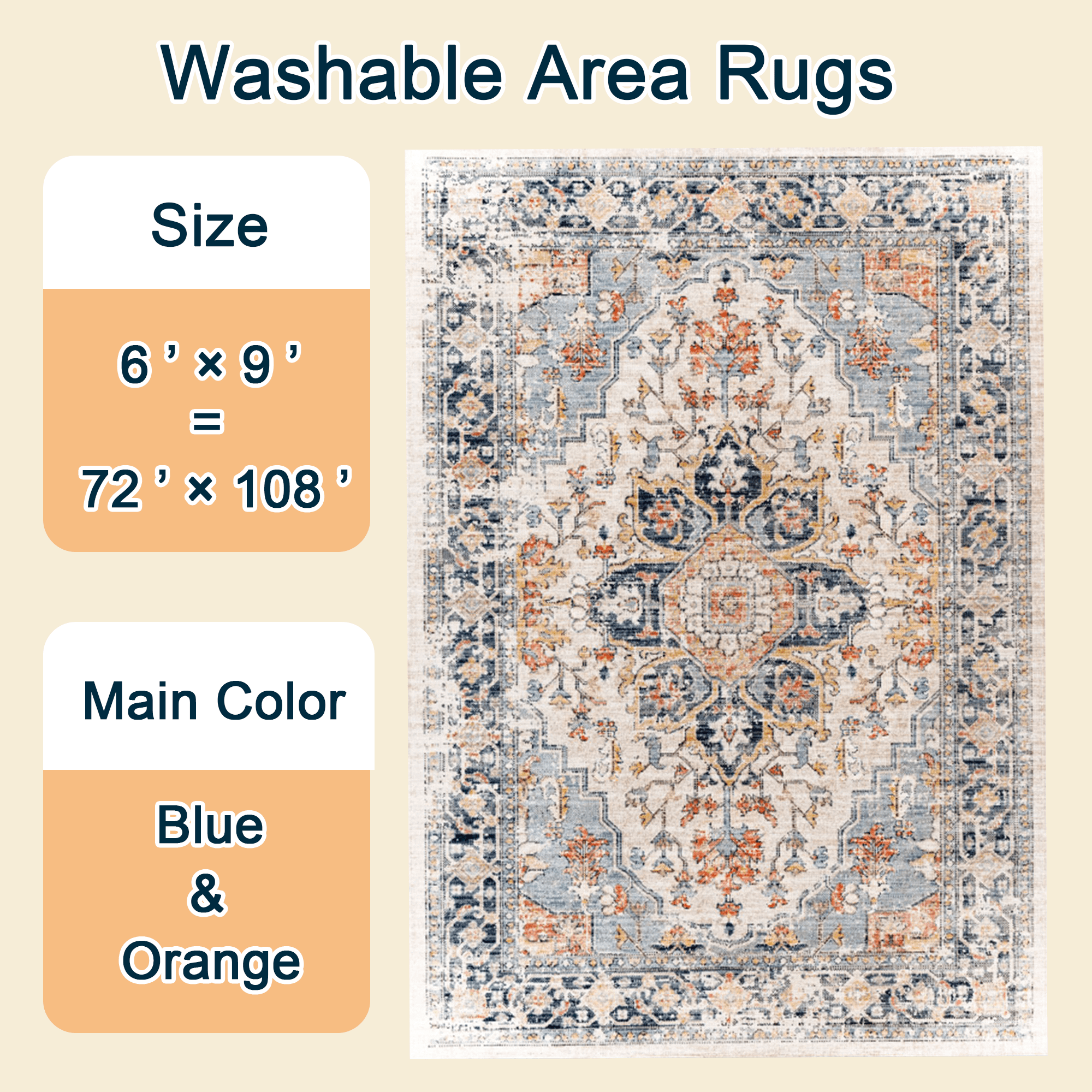 Gyugmhao 6'x9' Boho Area Rug, Machine Washable Low Pile Carpet, Foldable Non Slip Indoor Rug for Living Room, Office and Home Decor