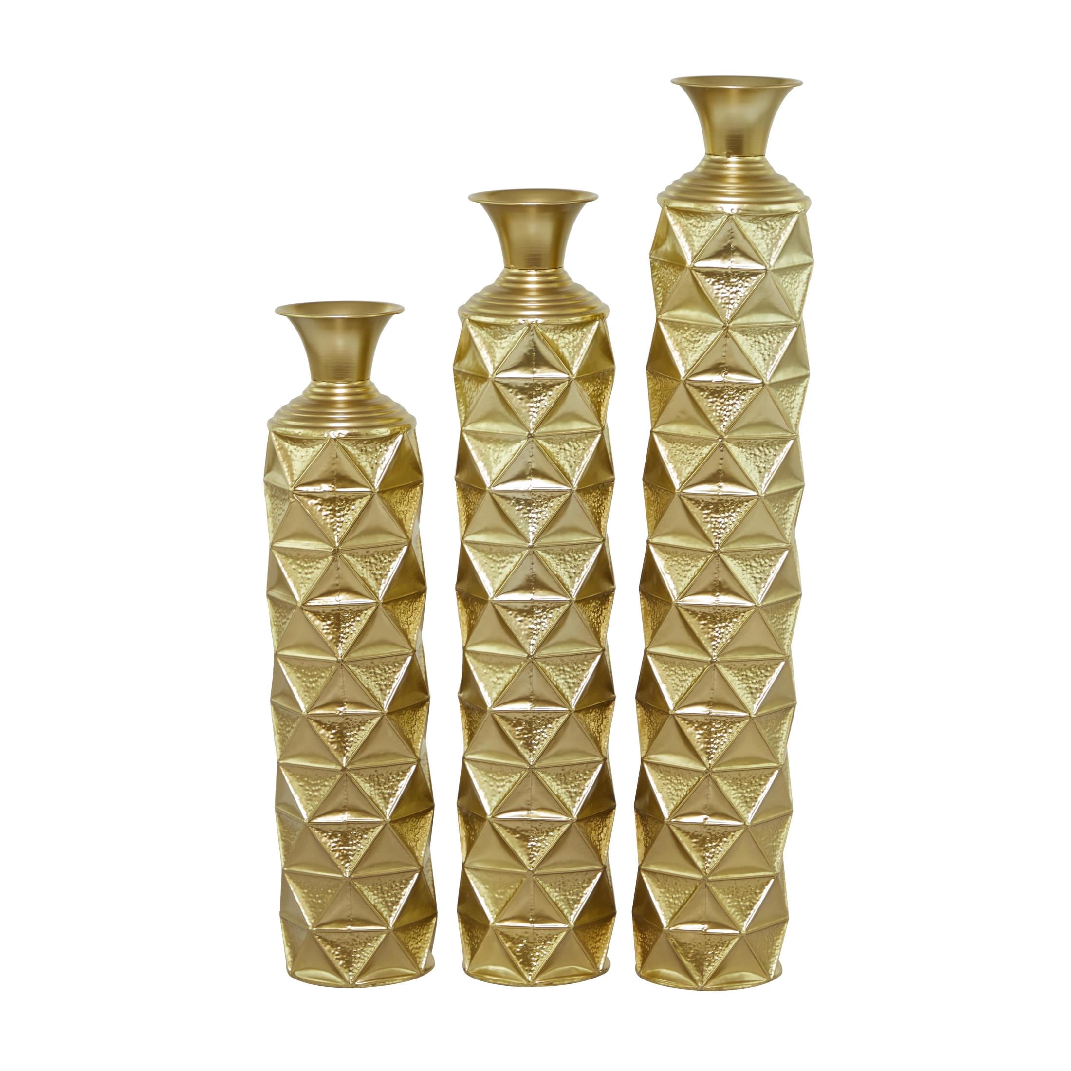DecMode 34", 29", 25"H Geometric Tall Distressed Metallic Gold Metal Vase with 3D Triangle Patterns, Set of 3