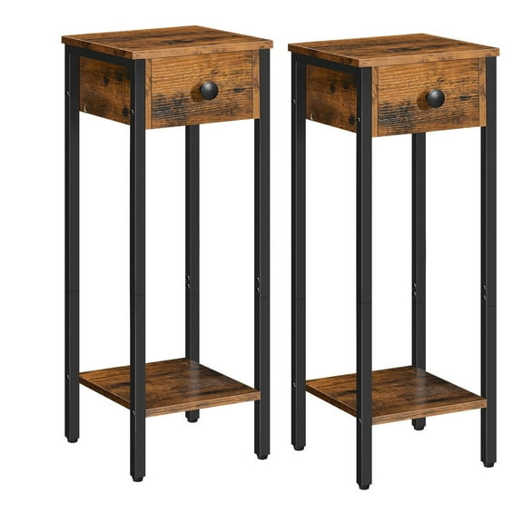 HOOBRO Slim Bedside Tables with Drawer Set of 2, Small Side Table with Metal Frame, Tall Telephone Table for Small Spaces, Narrow Nightstand, Sturdy, Rustic Brown and Black BF77BZP201